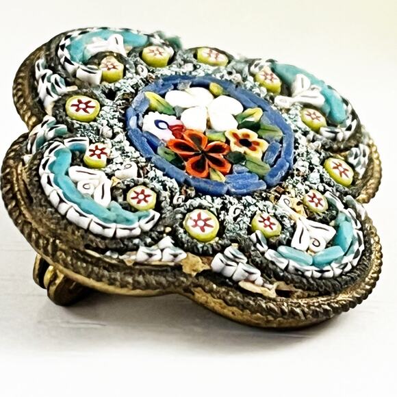 Antique Micro Mosaic Floral Brooch Pin Victorian Made in Italy - Picture 3 of 6
